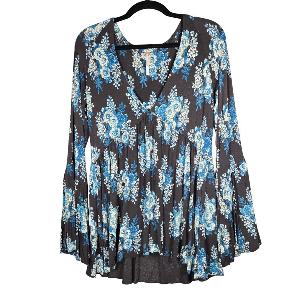 Free People Speak Easy Tunic Medium Gray Black Blue Boho Bell Sleeve Babydoll